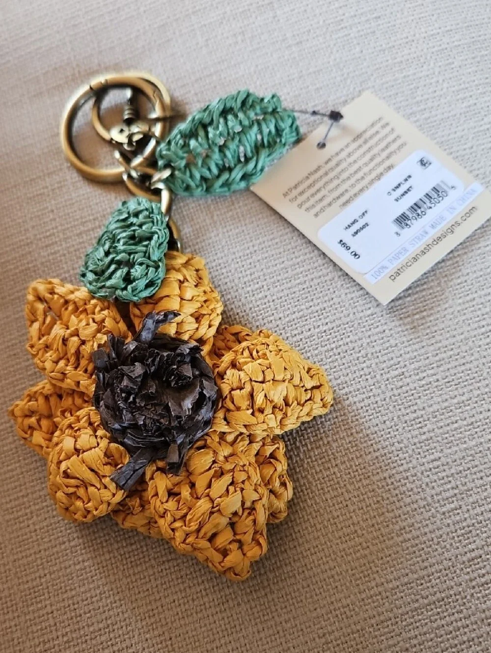 Patricia Nash Yellow Raffia Sunflower Crochet Key & Purse Charm W/Green Leaves